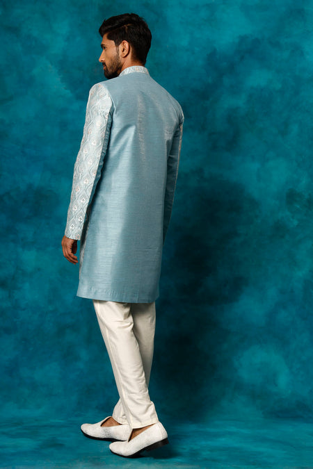 VASTRAMAY Men's Mint Green Pastel Embroidered Sherwani Set